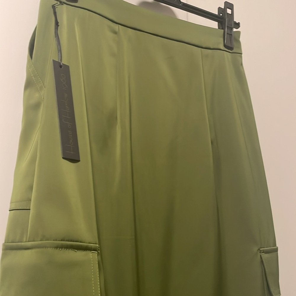 🌿Nwt House of Harlow 1960 plant green satin cargo pocket skirt slit midi XS - Picture 7 of 14